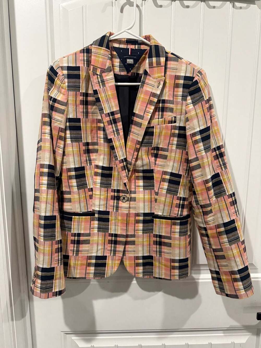 Tommy Hilfiger Patchwork Plaid Blazer Elbow Patches Preppy Academia Sz 10 - Picture 2 of 8